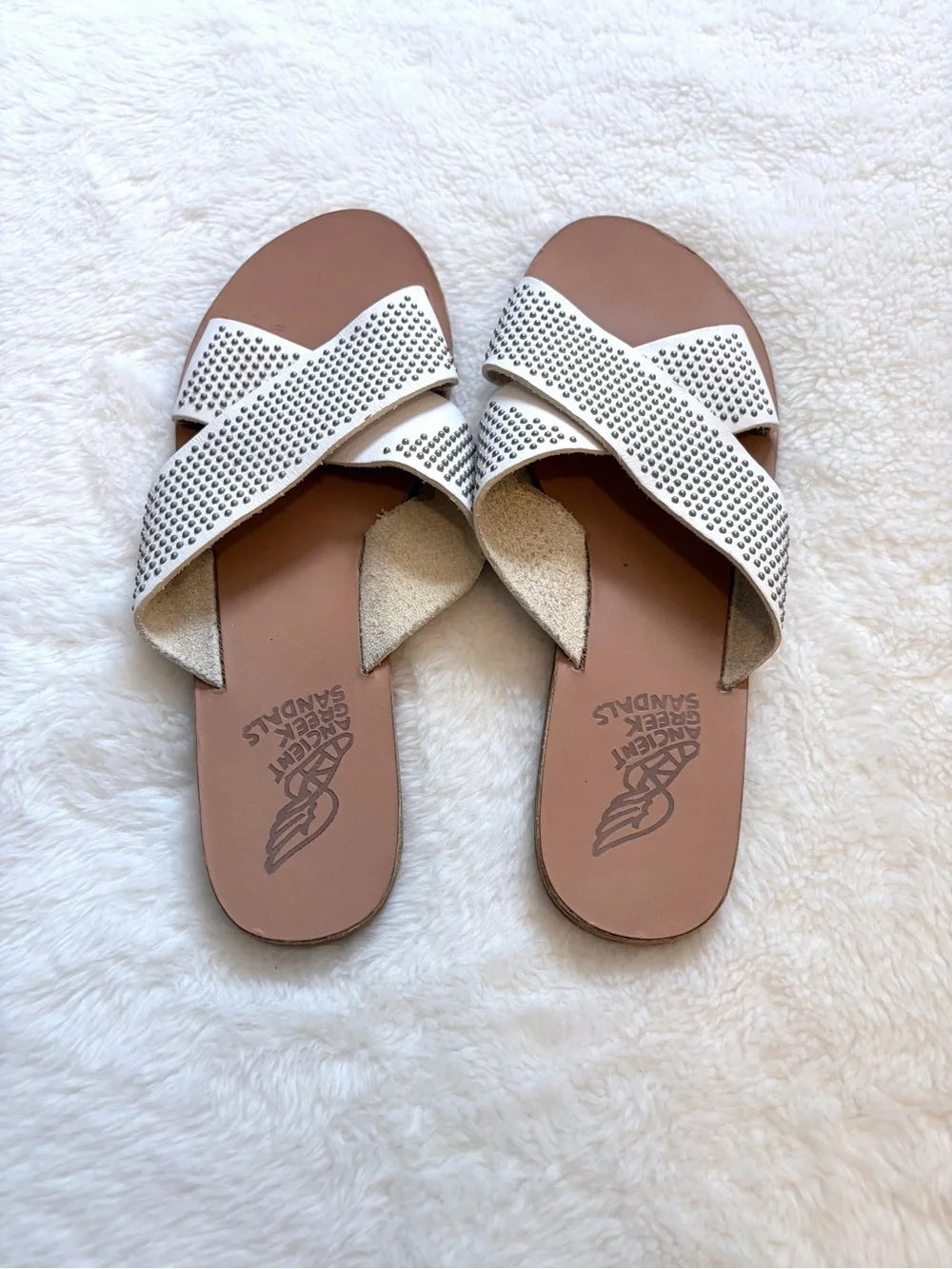 Ancient Greek Sandals White Studded Crossband Slide Sandals